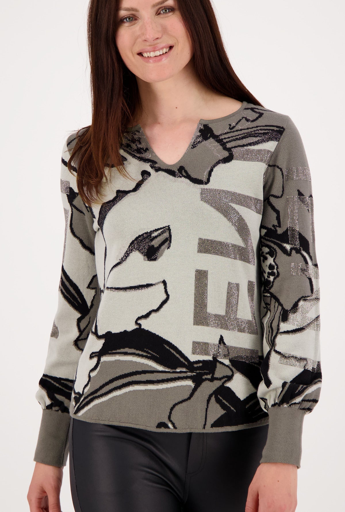 Monari Long Sleeved Schilf Pattern Knitted Jumper With Rhinestone Letters | Dotique - Dotique - Monari