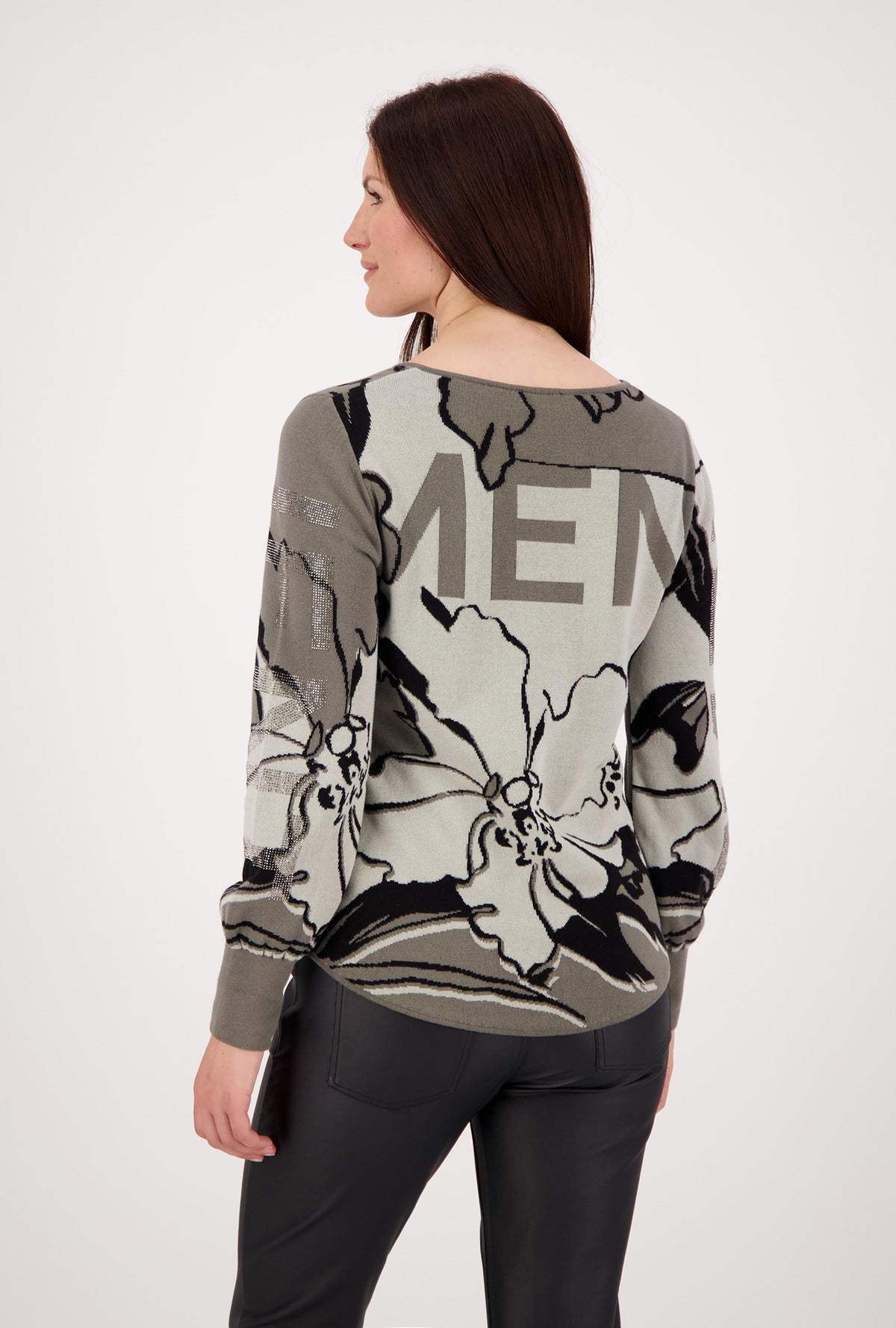 Monari Long Sleeved Schilf Pattern Knitted Jumper With Rhinestone Letters | Dotique - Dotique - Monari