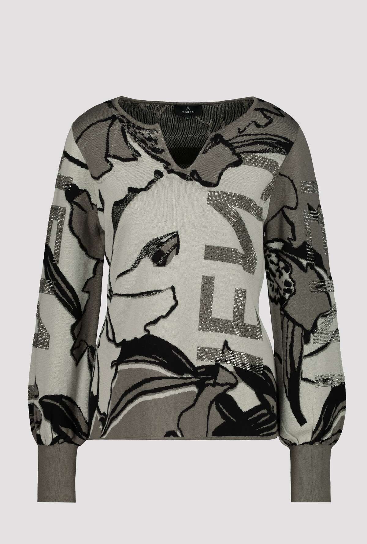 Monari Long Sleeved Schilf Pattern Knitted Jumper With Rhinestone Letters | Dotique - Dotique - Monari