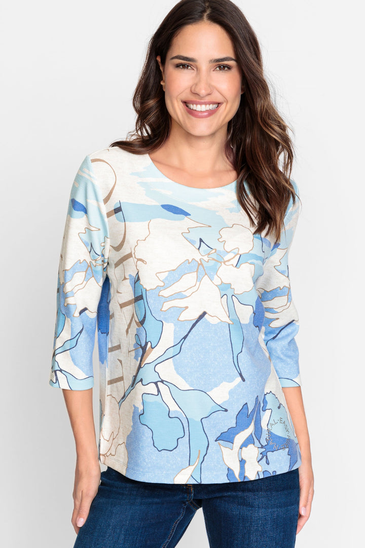 Olsen 11201565 Ciel Blue Abstract Print Three-Quarter Sleeve Sweatshirt - Dotique Chesterfield