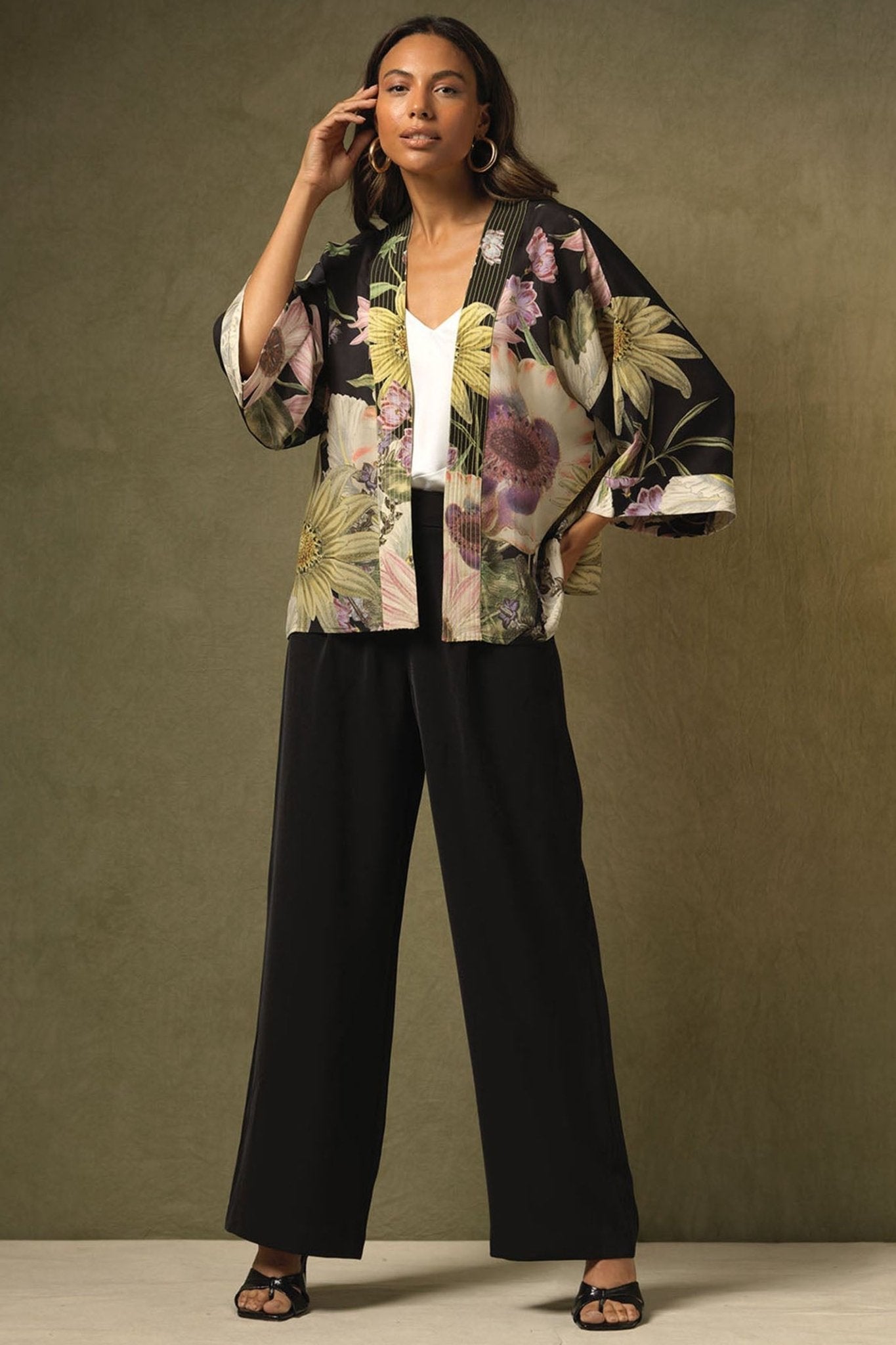 One Hundred Stars Daisy Black Crepe Kimono CKMDAIBLK - Dotique Chesterfield