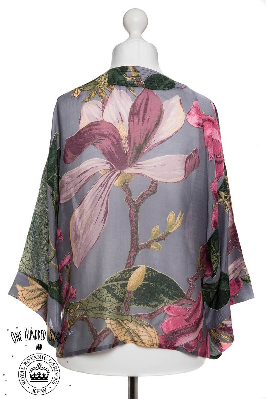 One Hundred Stars Grey Magnolia Kew Kimono Close Up Back | Dotique