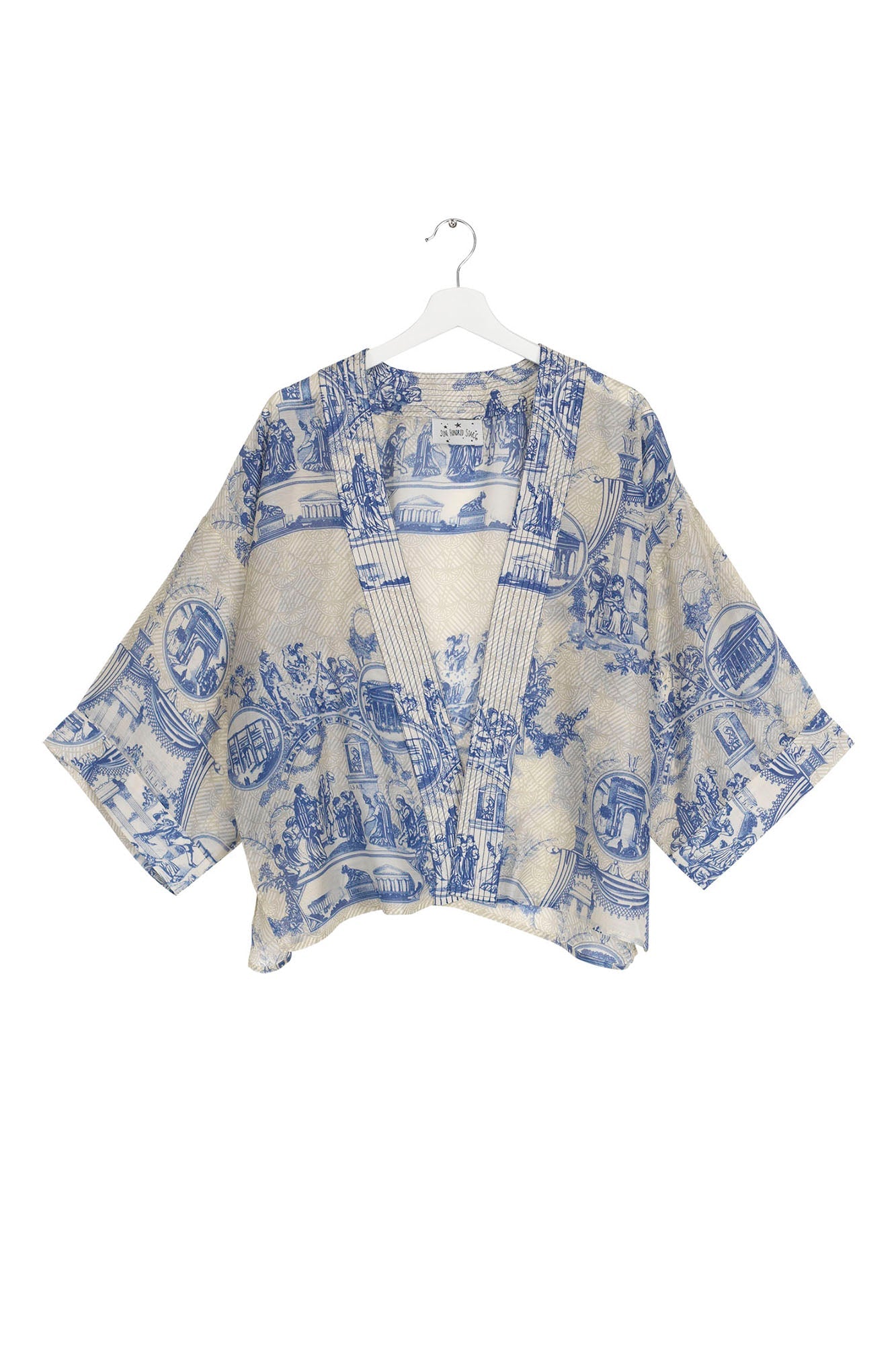 One Hundred Stars Ancient Columns Blue Kimono Front View | Dotique