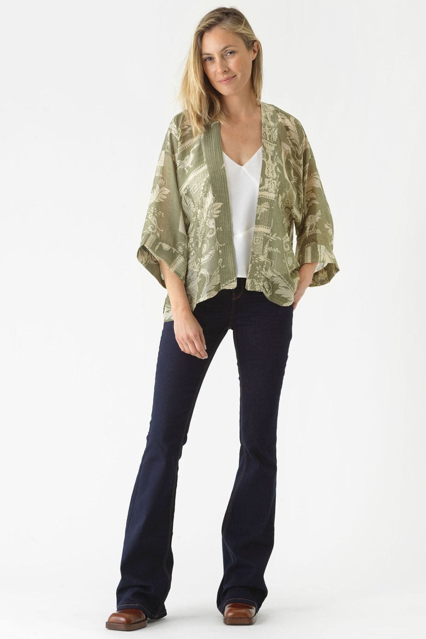 One Hundred Stars KIMDAMSAG Vintage Damask Sage Green Kimono - Dotique Chesterfield