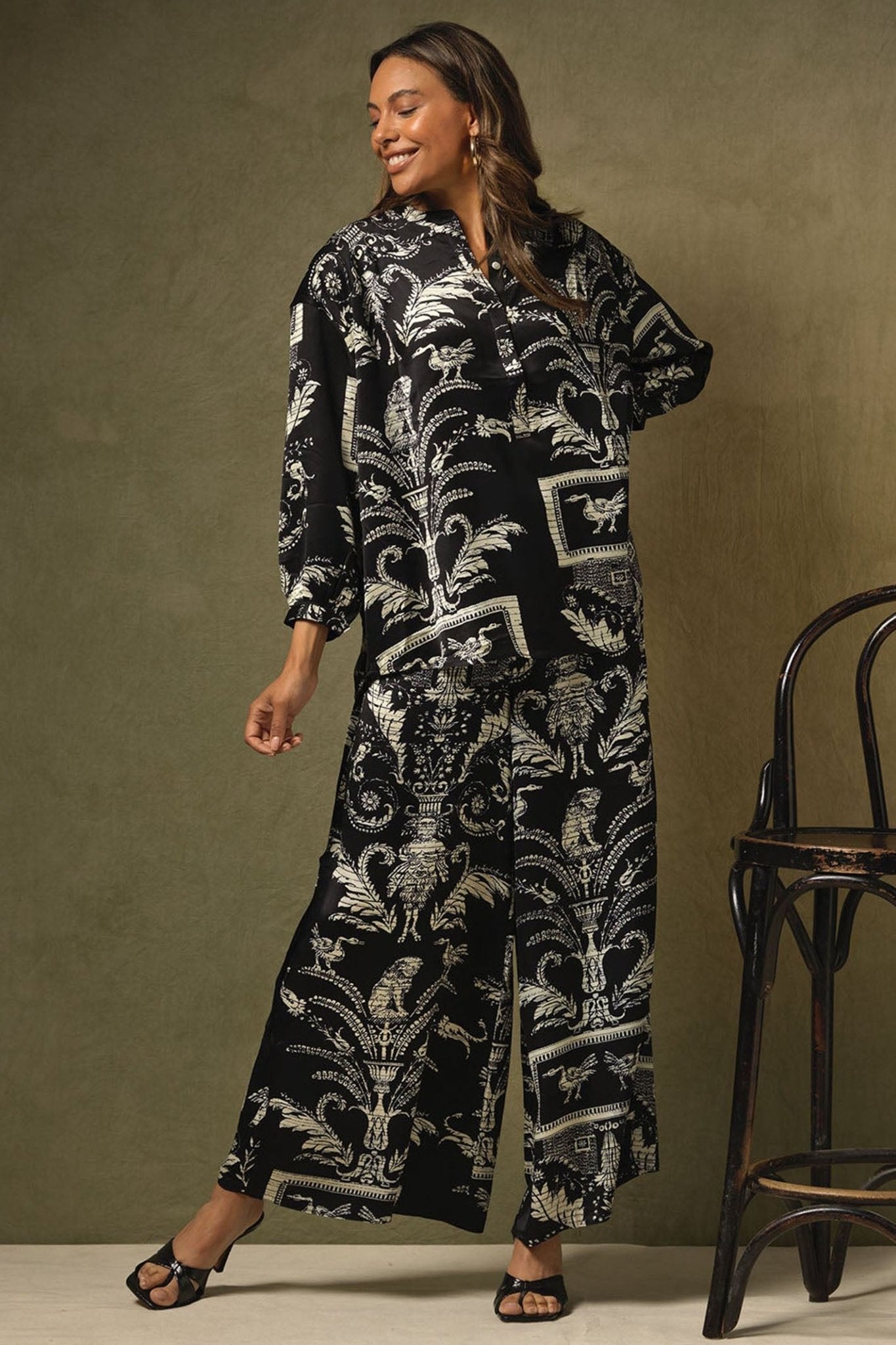 One Hundred Stars PPADAMBLK Black Vintage Damask Palazzo Pant Trousers - Dotique Chesterfield