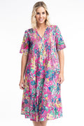 Orientique Balat 81263 Pink Tropical Print Pleat Front V-Neck Dress - Dotique