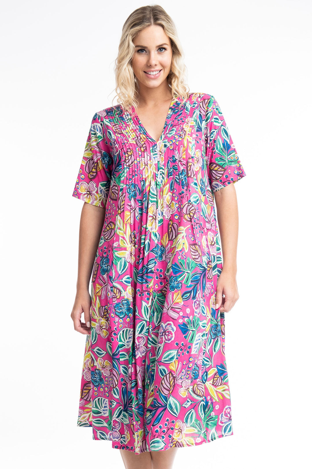 Orientique Balat 81263 Pink Tropical Print Pleat Front V-Neck Dress - Dotique