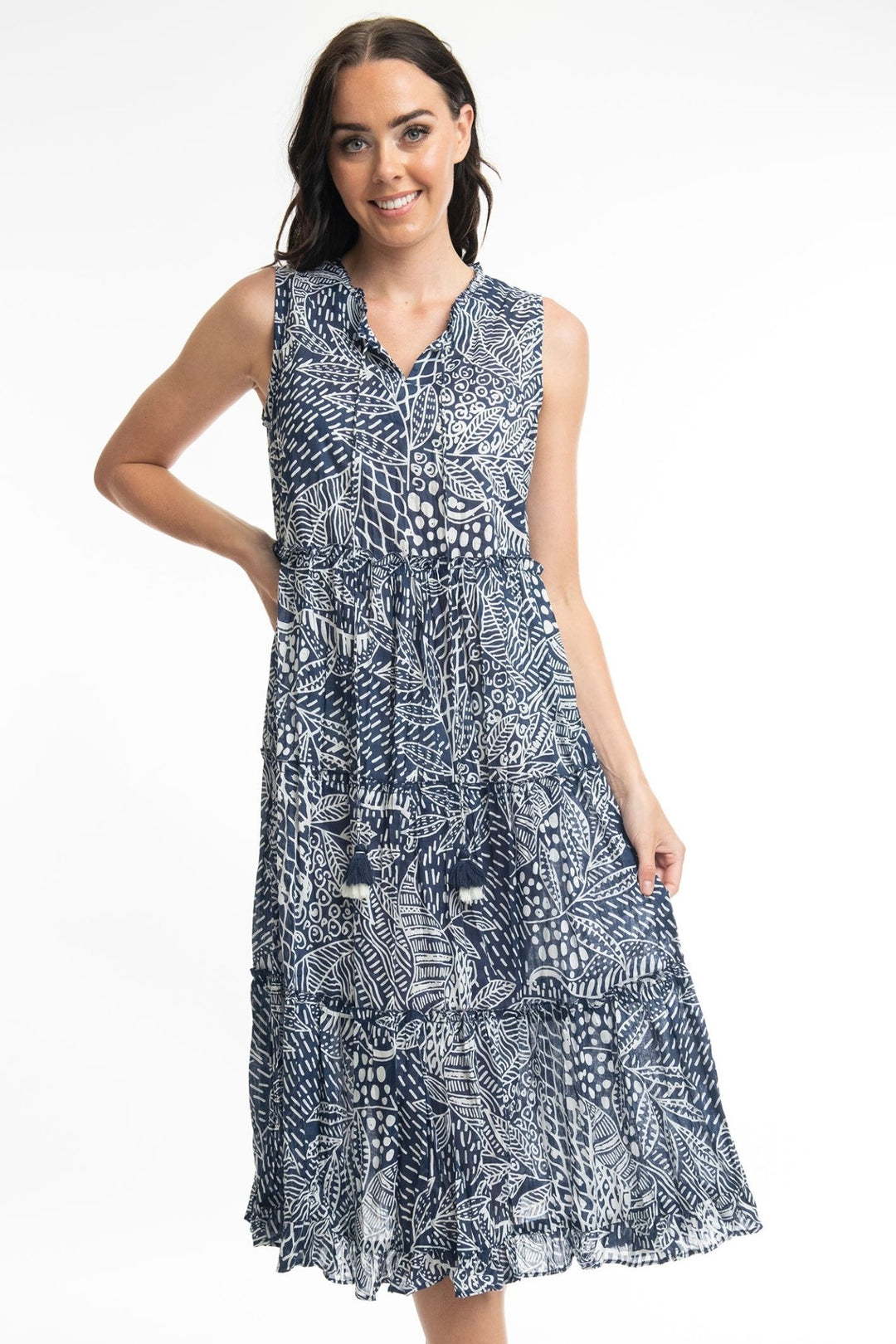 Orientique Leros 41098 Navy Print Tassle Neck Dress - Dotique