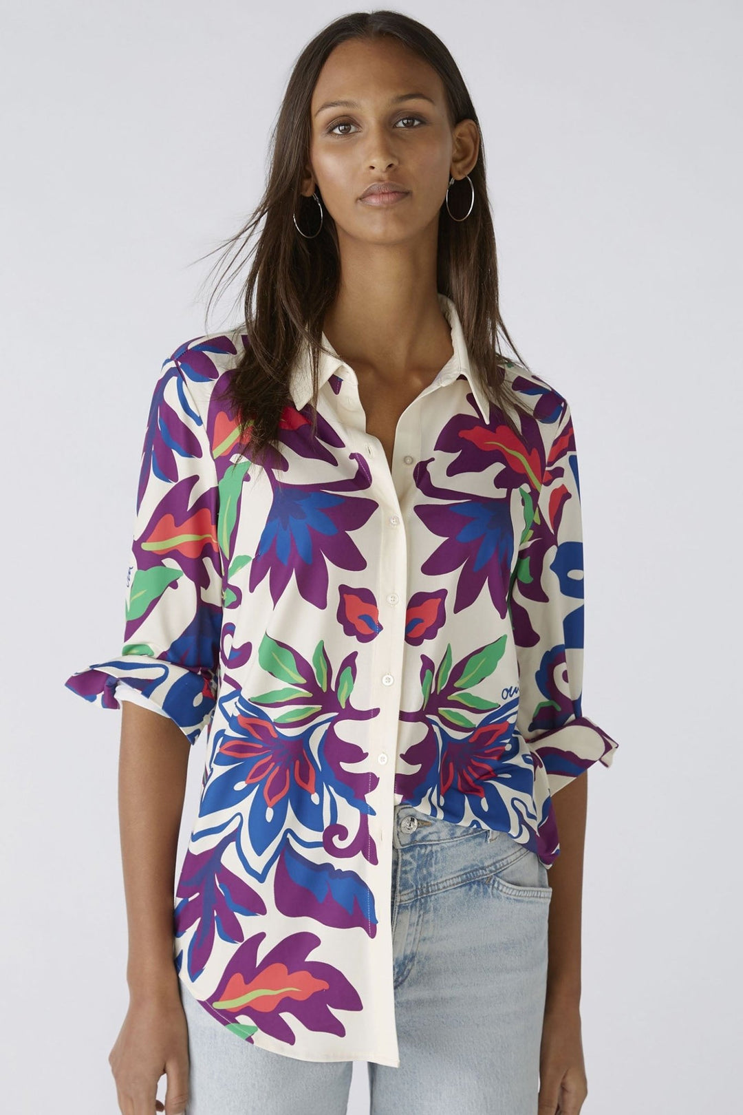 Oui 85995 White Violet Floral Print Shirt - Dotique