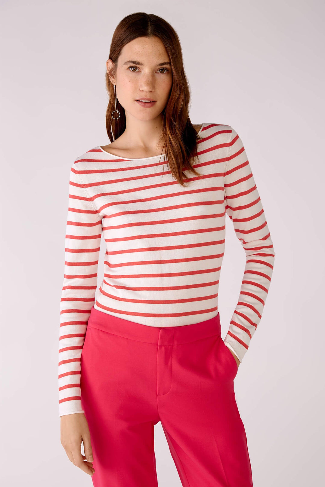 Oui 78778 Pink White Striped Wide Neck Jumper - Dotique Chesterfield