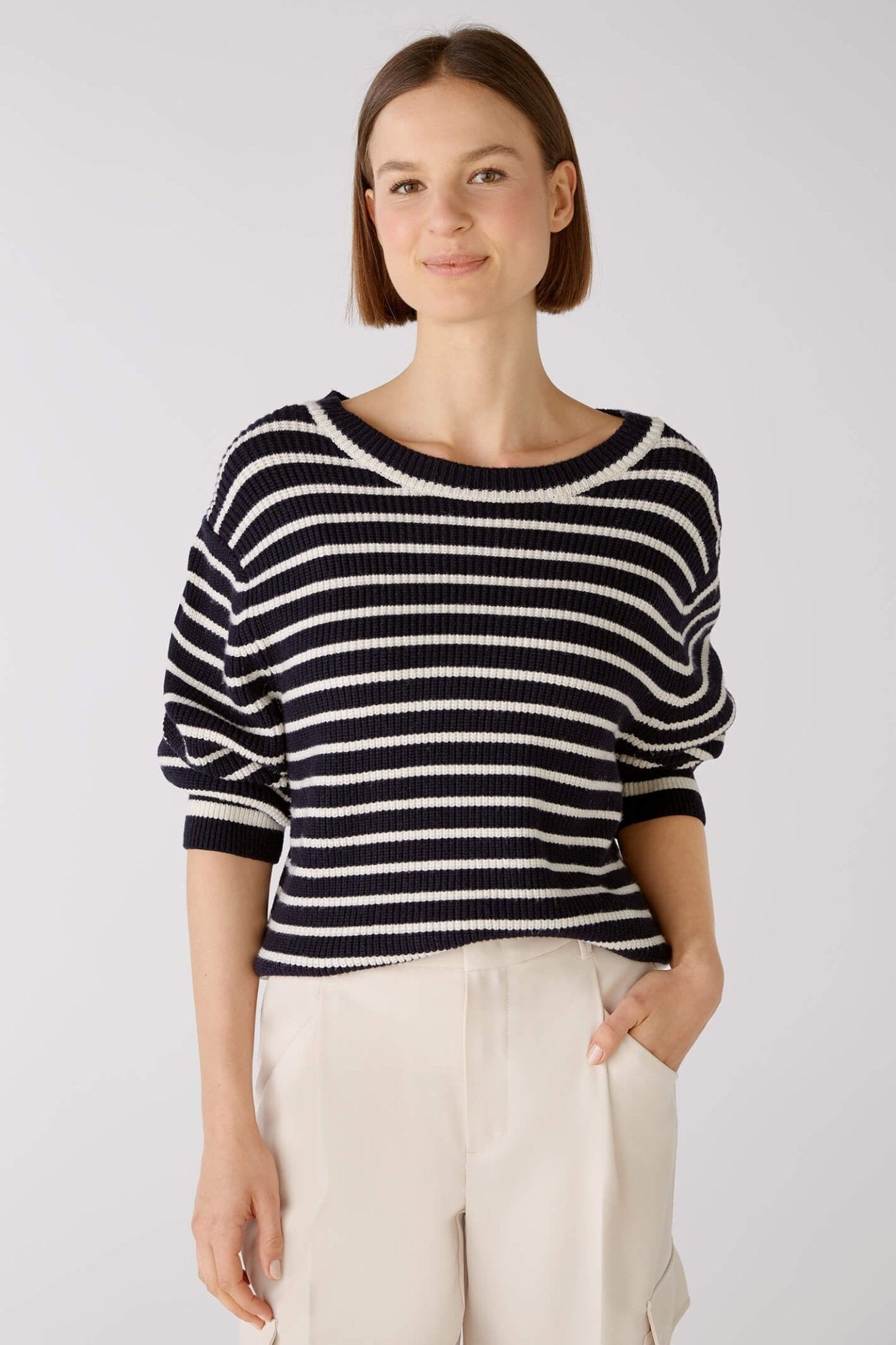 Oui 79277 Navy White Striped Wide Neck Jumper - Dotique - Oui