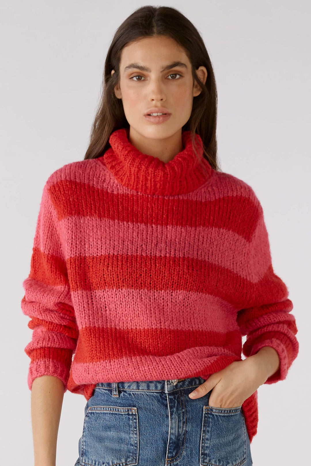 Oui 79577 Red Rose Stripe Roll Neck Jumper - Dotique Chesterfield