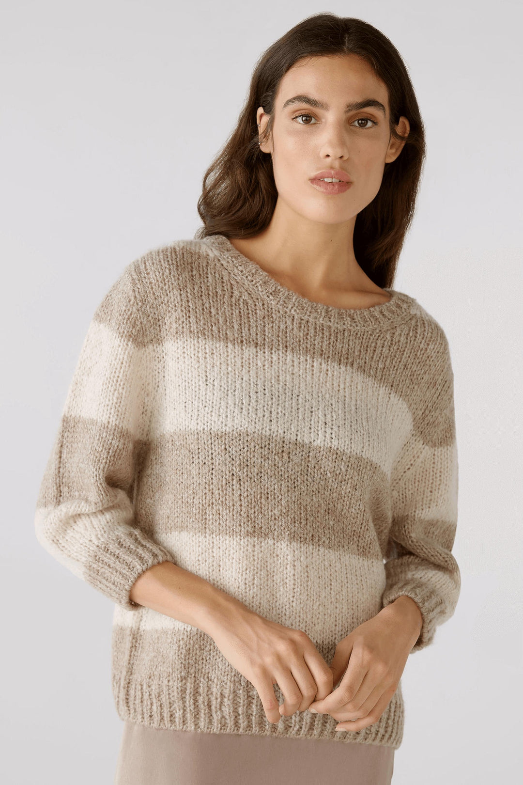 Oui 79633 Brown Striped Wide Neck Jumper - Dotique Chesterfield