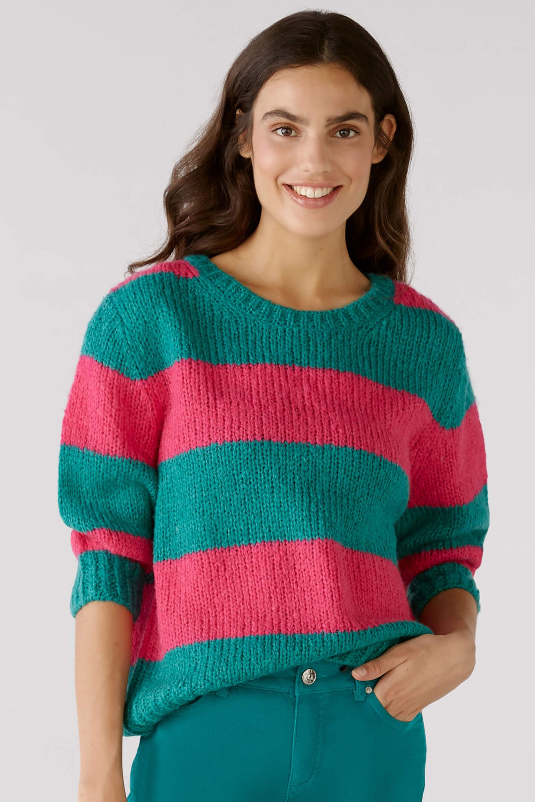 Oui 79633 Green Pink Striped Jumper - Dotique Chesterfield