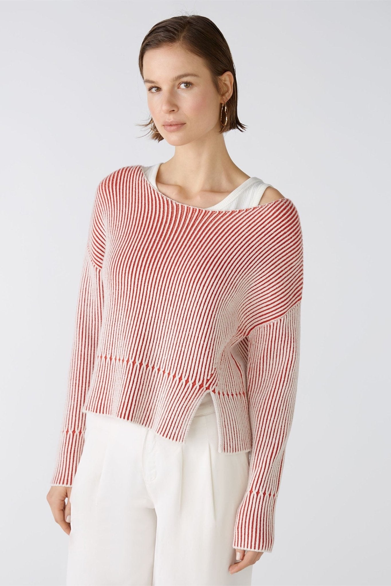 Oui 86626 Red White Ribbed Wide Neck Jumper - Dotique