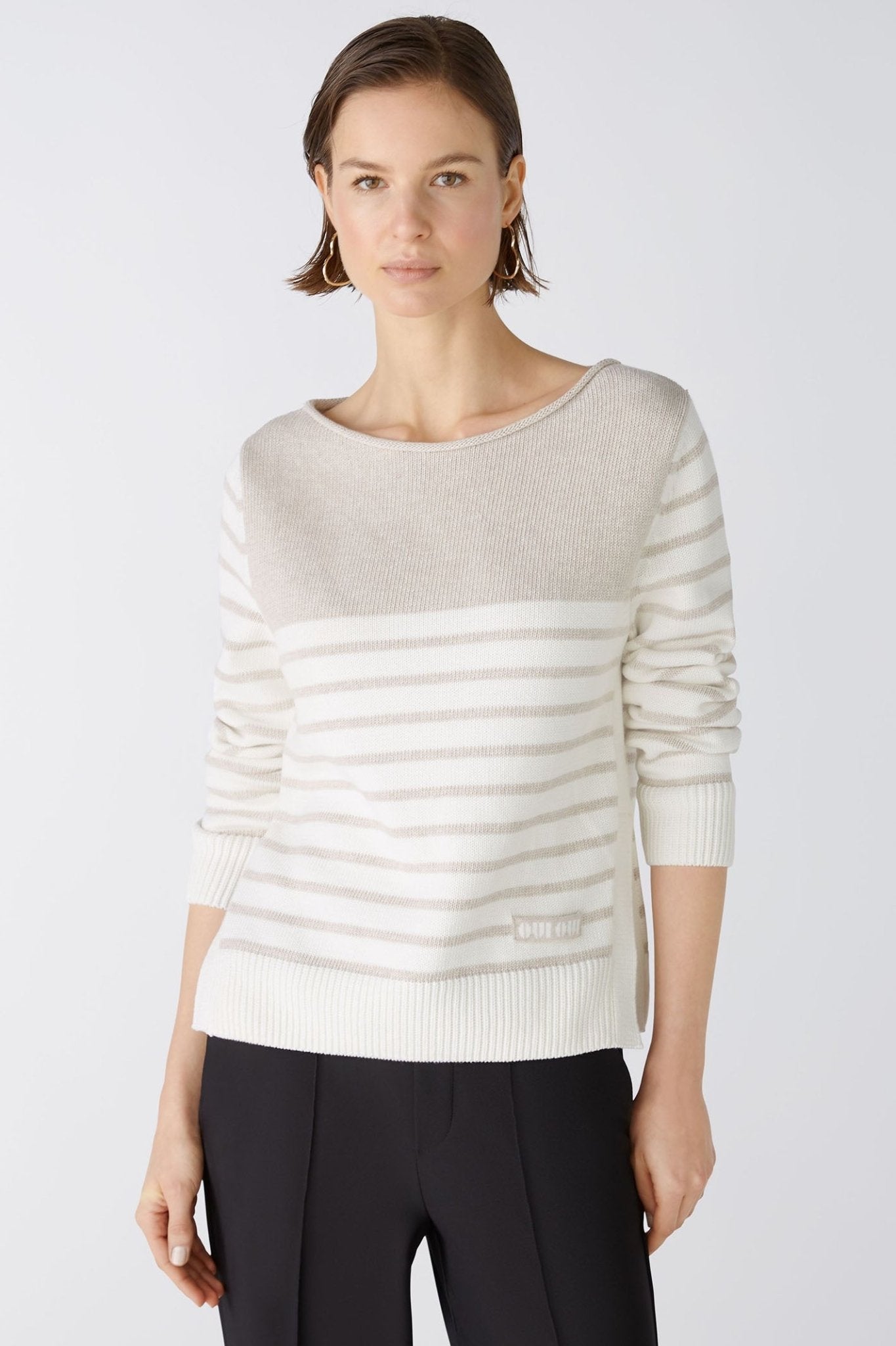 Oui 86651 White Camel Stripe Wide Neck Jumper - Dotique