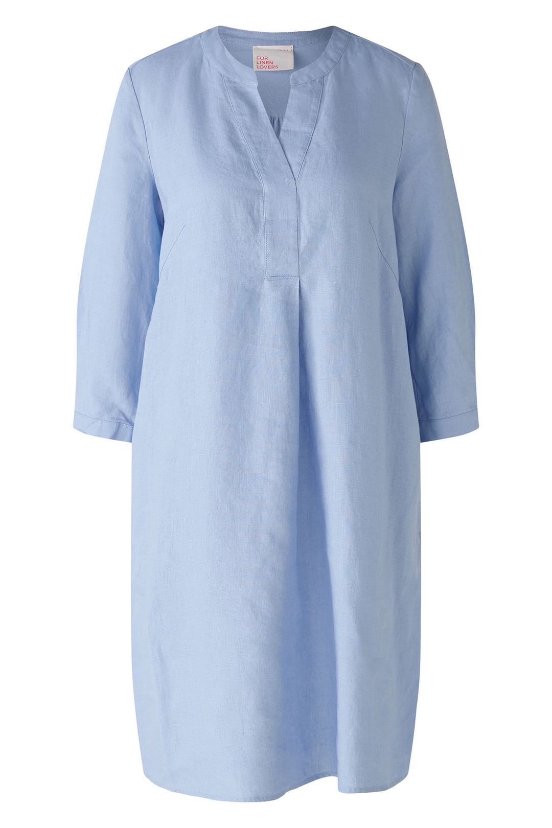 Oui 87560 Light Blue Split Neck A-Line Linen Dress With Sleeves - Dotique