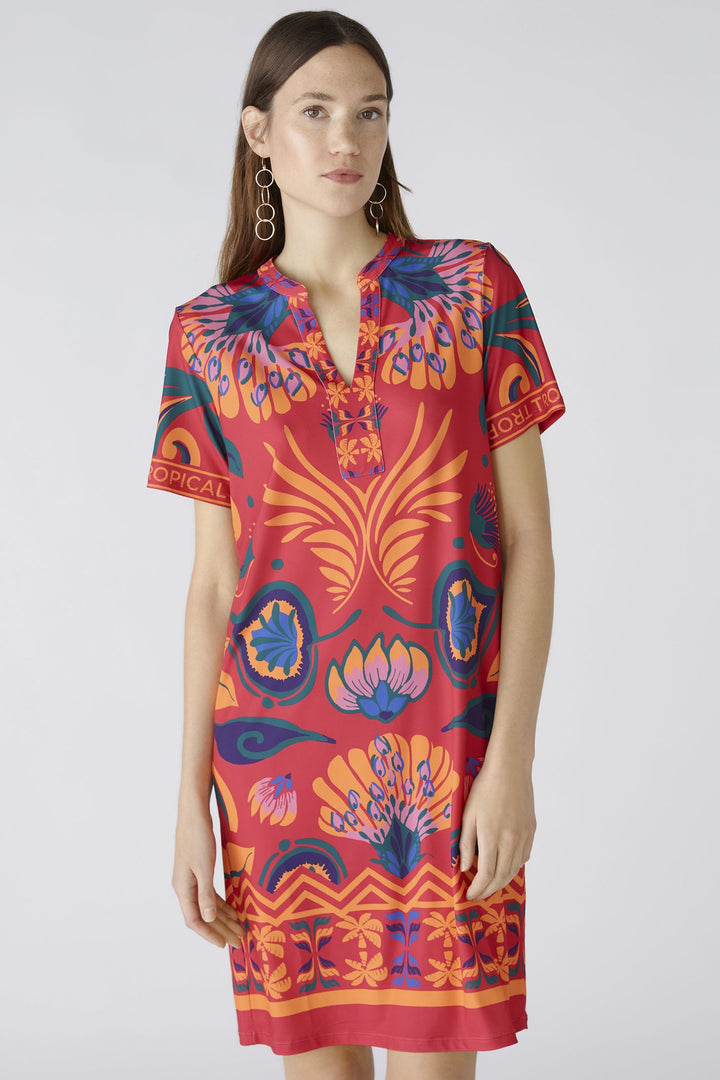 Oui 87562 Pink Orange Tropical Print Short Sleeve Dress - Dotique