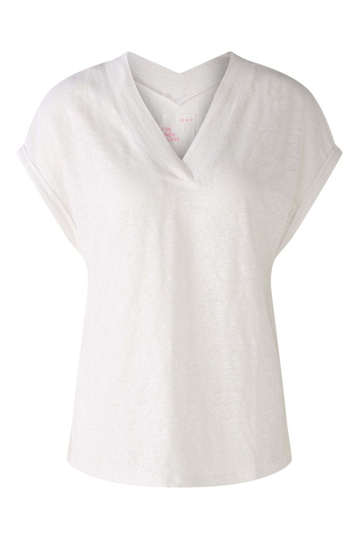 Oui 89731 Optic White V-Neck Cap Sleeve Linen Top - Dotique Chesterfield