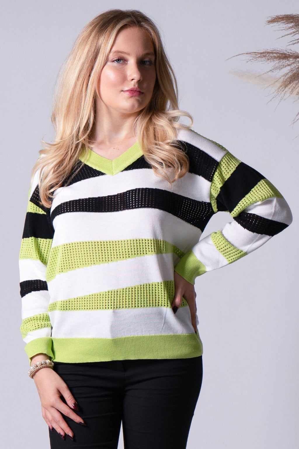 Passioni 15107 Lime Green Stripe V-Neck Mesh Knit Jumper - Dotique