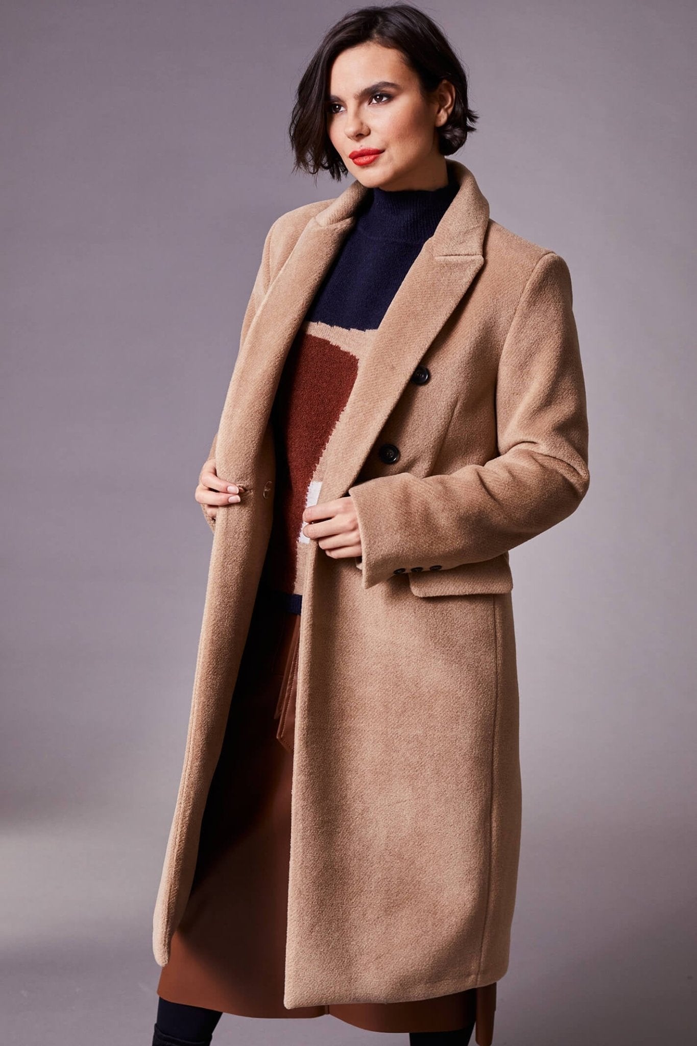 Peruzzi W23132 Camel Brown Double Breasted Coat - Dotique