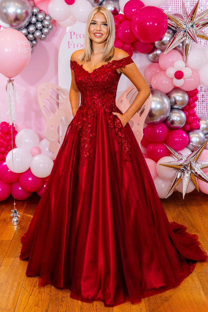 Prom Frocks PF1002 Burgundy Red Off The Shoulder Prom Ballgown - Dotique Chesterfield