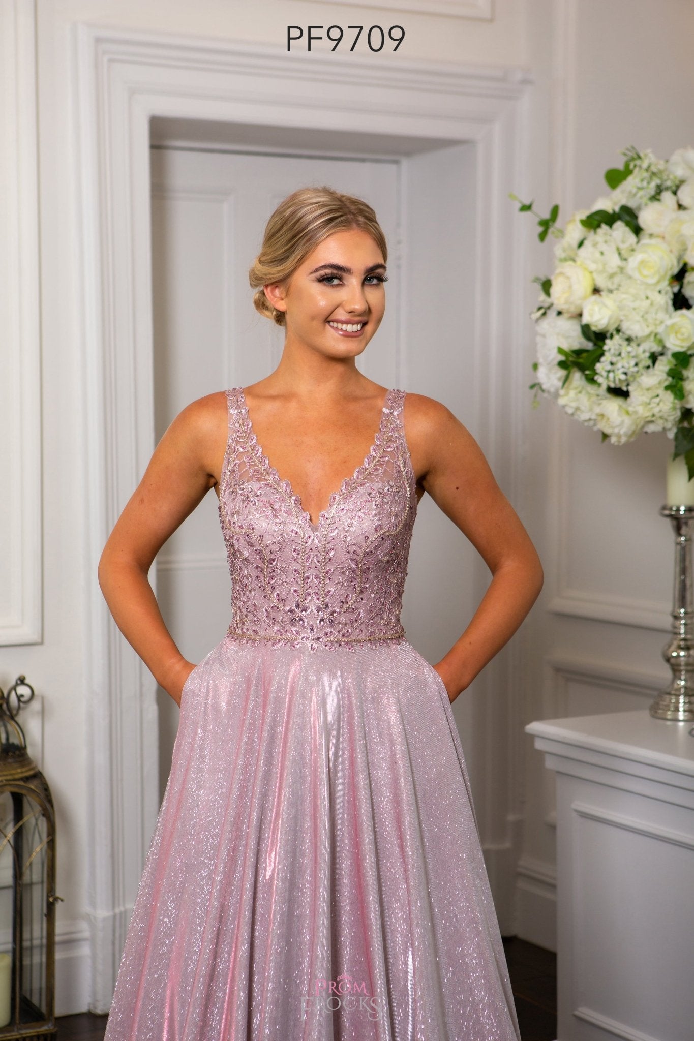 PromFrocks 9709 Prom Dress Dotiquer Chesterfield pink prom dress woth pockets v neck
