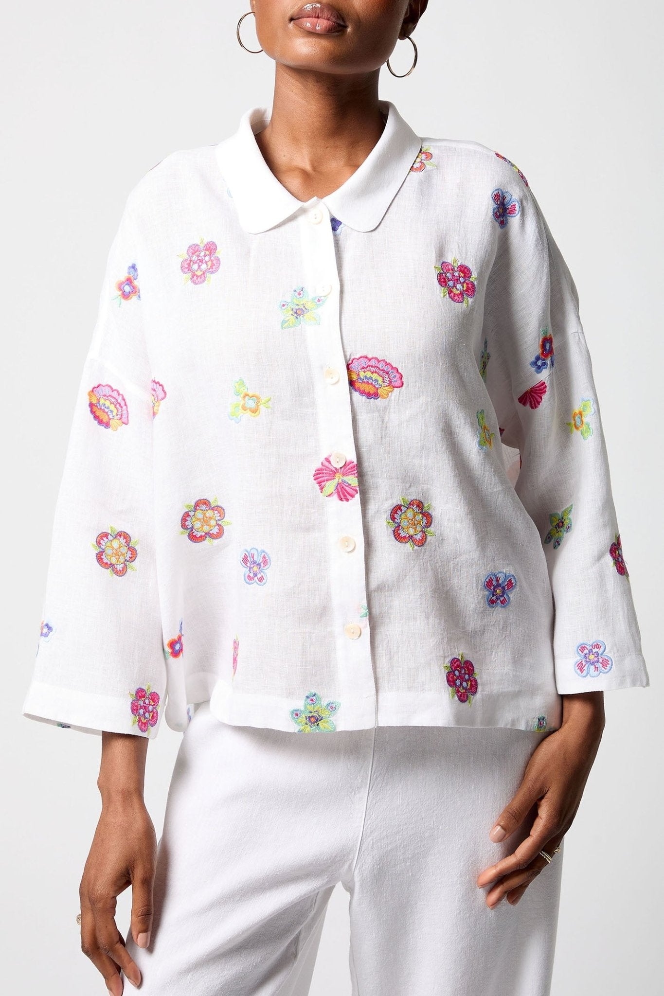 Sahara GRT5175-FLFE White Floral Embroidery Boxy Shirt - Dotique