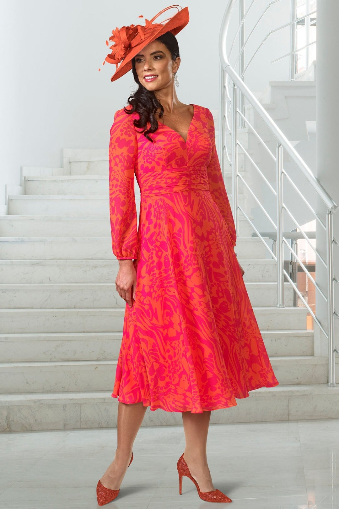 Veromia VO0236 Lipstick Naranja Midi Occasion Dress With Sleeves - Dotique - Veromia Occasions